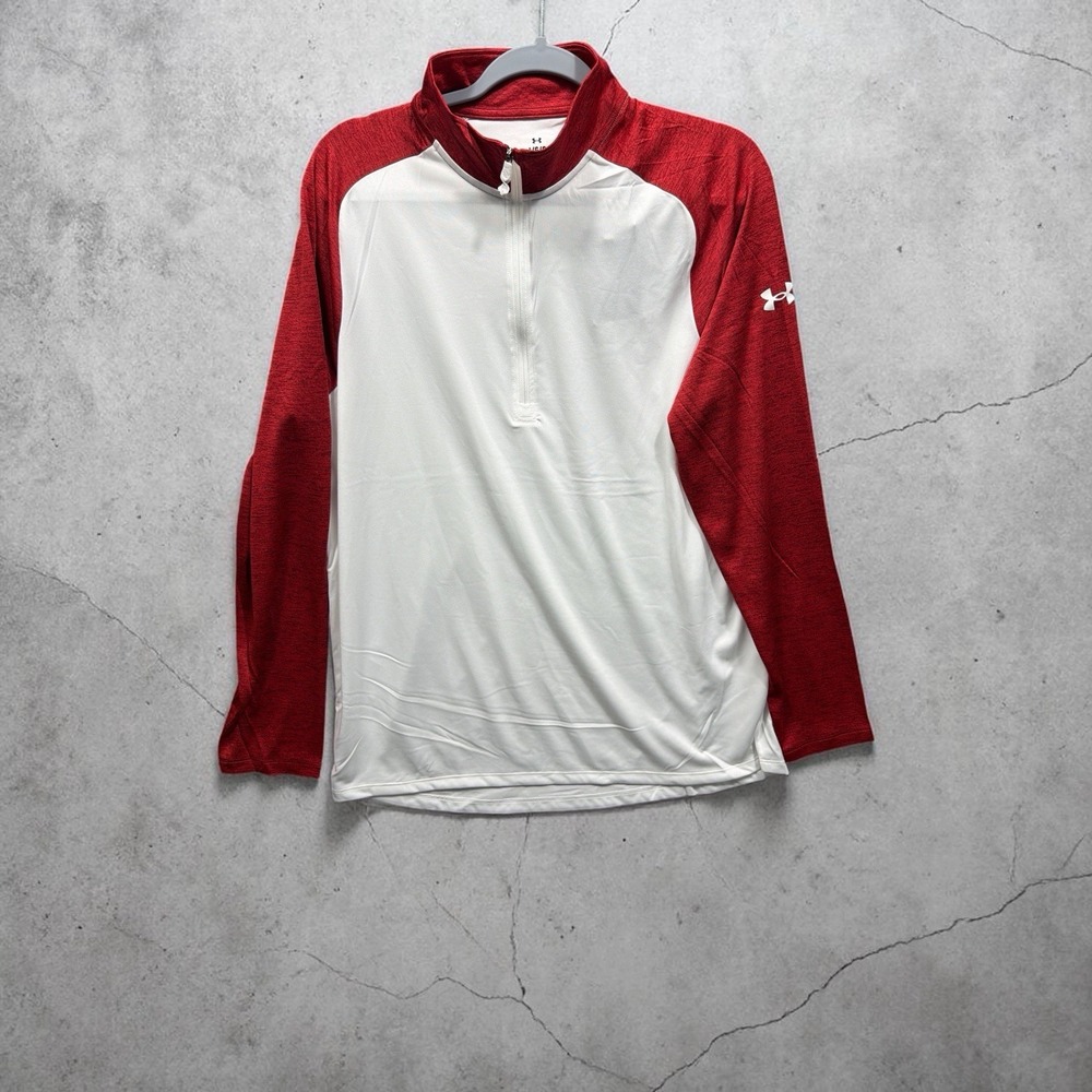Under Armour Pullover Mens LG White/Red 1/4 Zip Long Sleeve Performance Golf